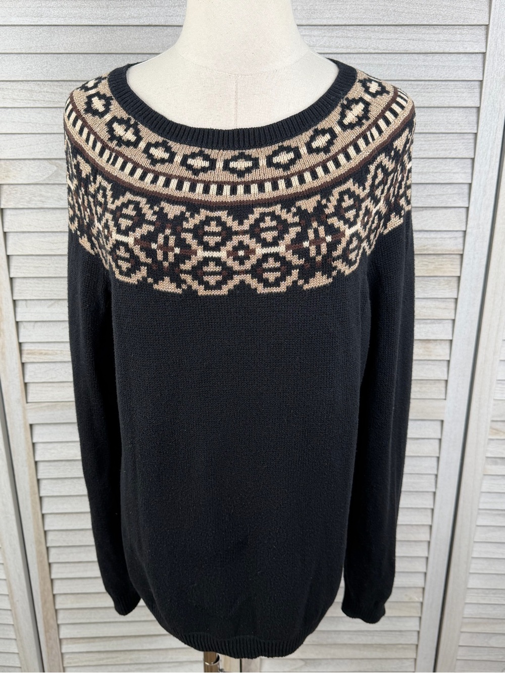 TALBOTS Women's Fair Isle Yoke Knit Sweater Black/Multi-Large